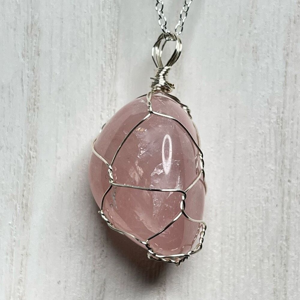Rose Quartz wire cage tumble pendant necklace silver plated pink